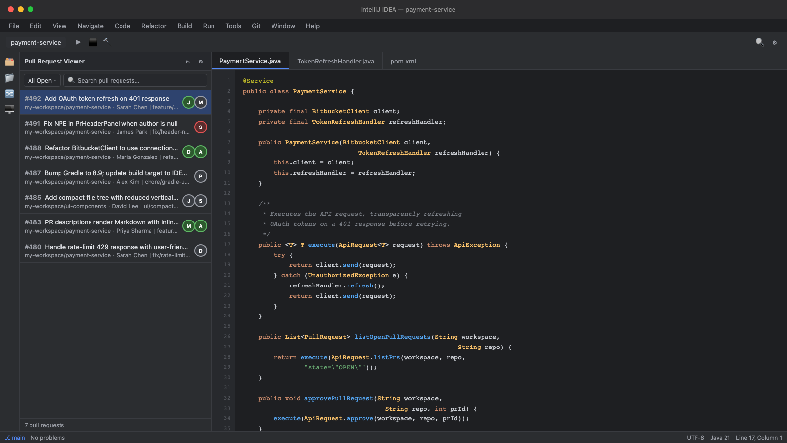 Pull Request Viewer pull request list in the IntelliJ sidebar