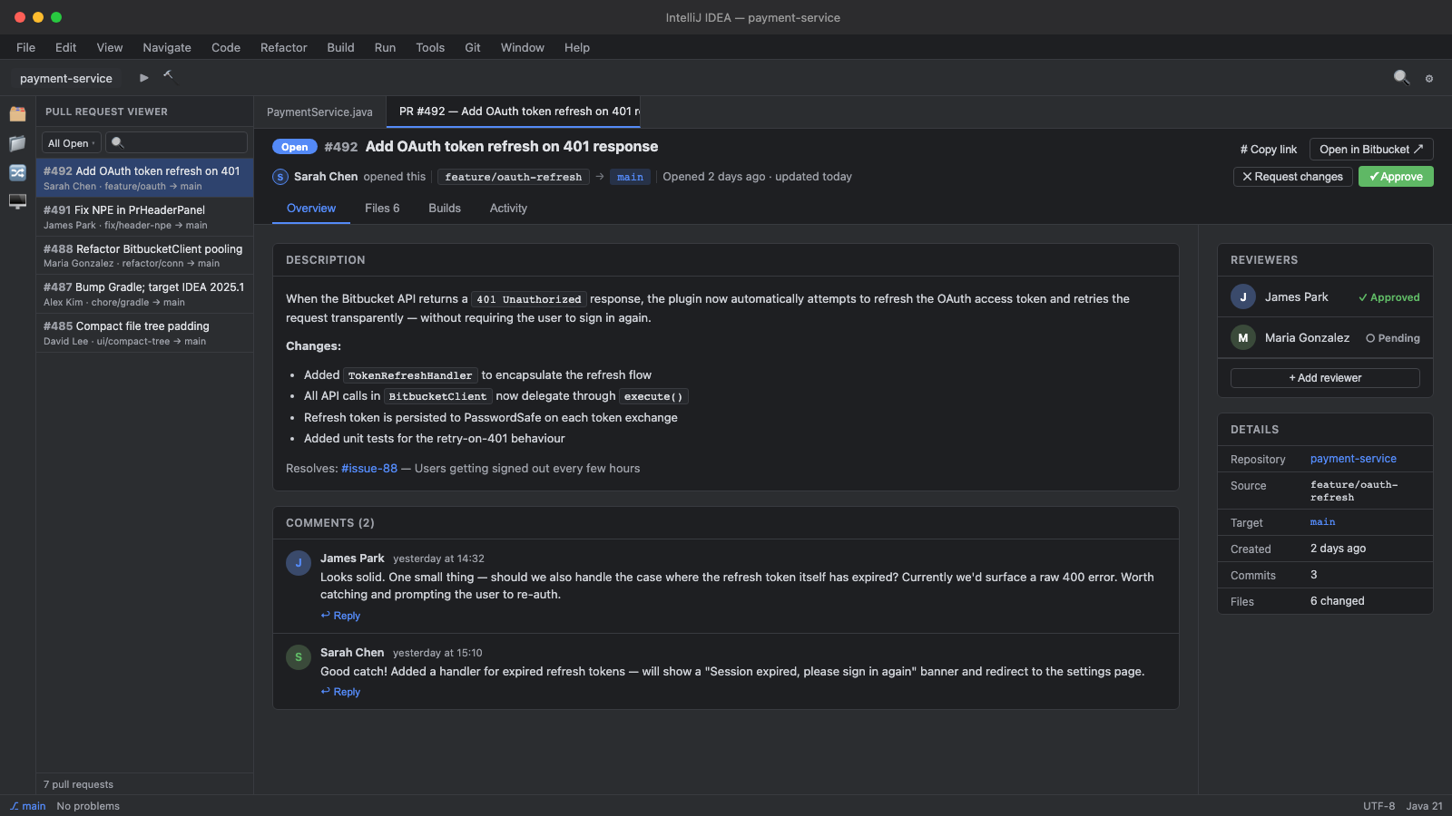 Pull request overview with threaded comments and reviewer controls