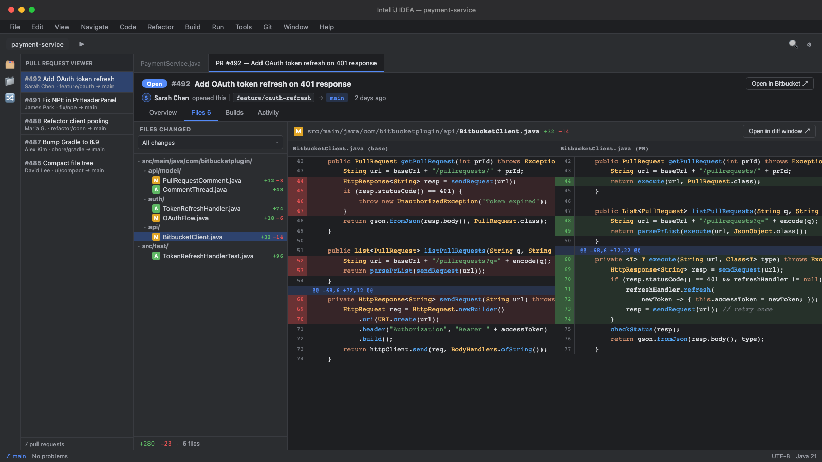 Files tab showing a side-by-side diff with inline pull request comments