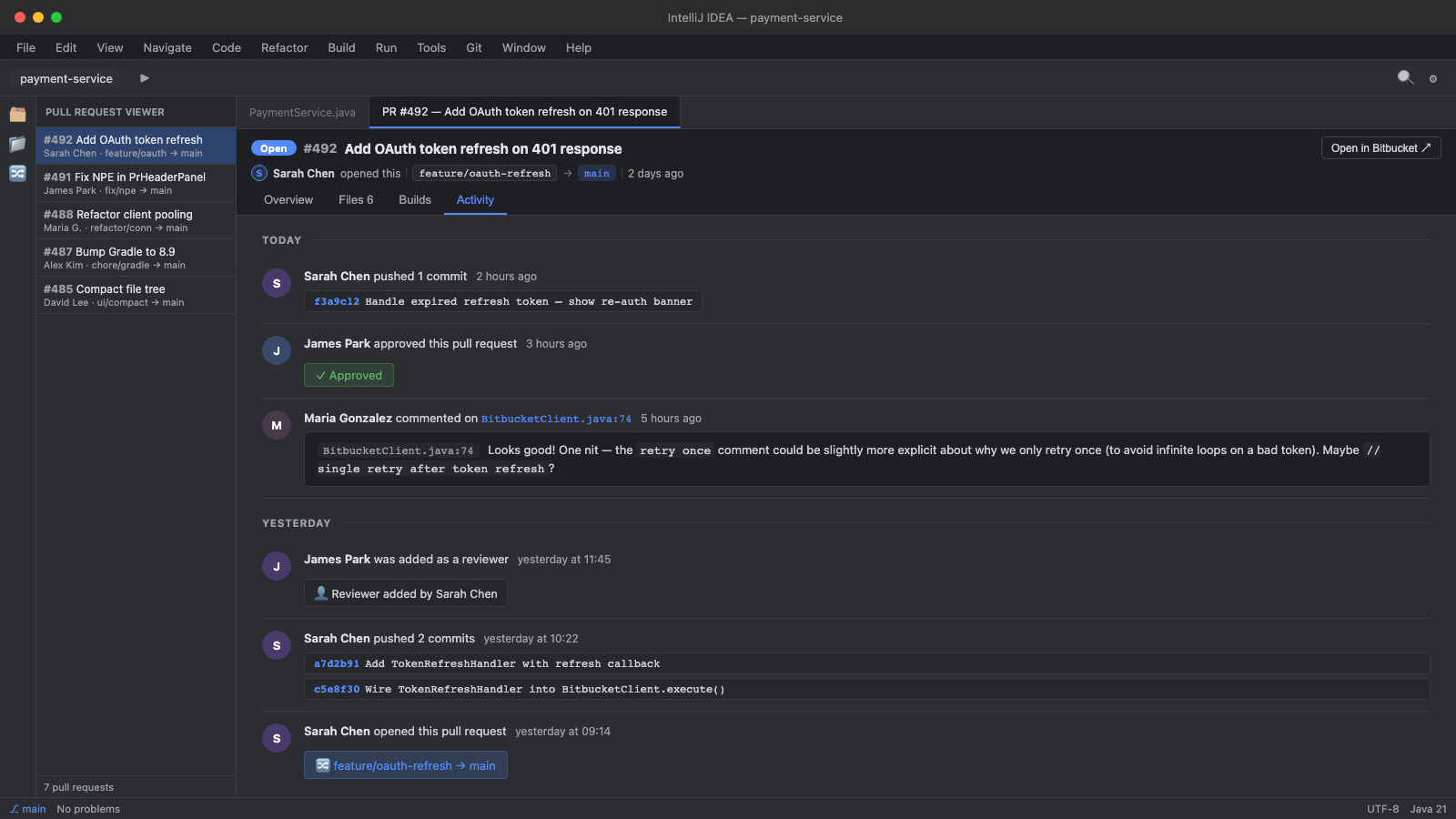 Activity tab showing pull request history