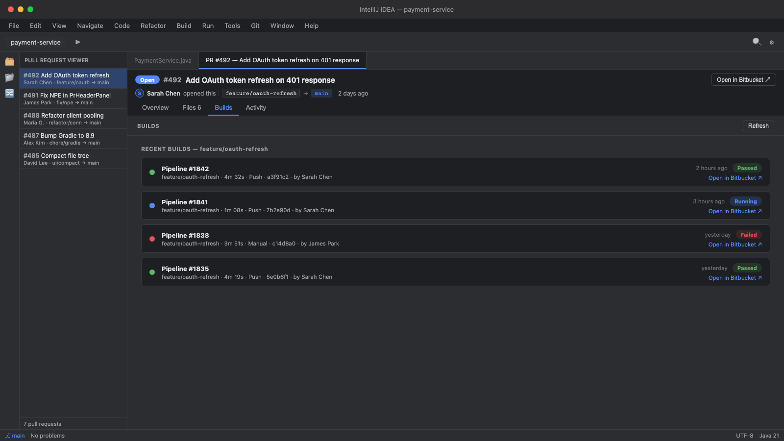 Builds tab showing Bitbucket Pipelines and GitHub Actions status
