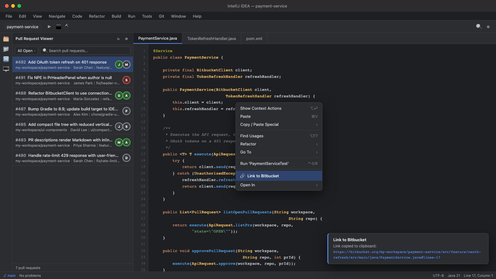 Link to Bitbucket context menu copying a line link