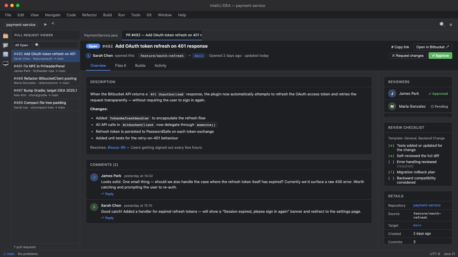 Pull request overview with a review checklist matched to the changed files