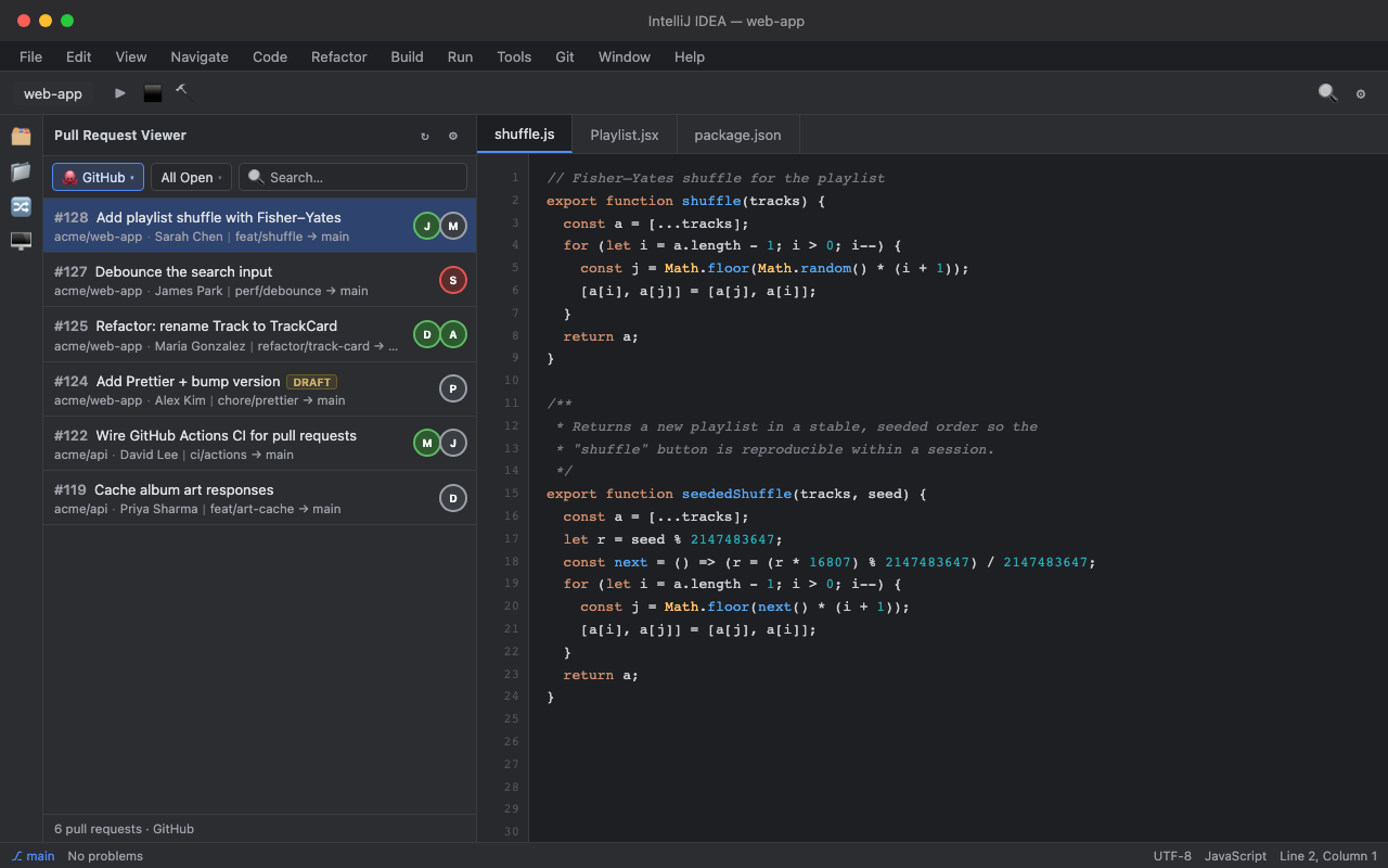 GitHub pull request list in the IntelliJ sidebar beside source code