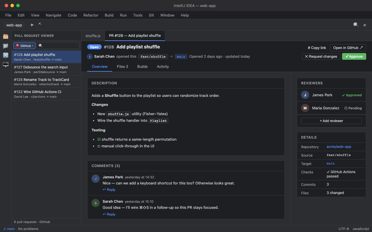 GitHub pull request overview with description, reviewers, and threaded comments