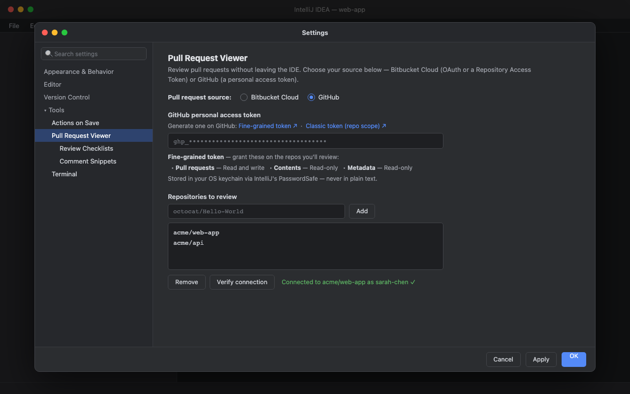 Pull Request Viewer settings with a Bitbucket Cloud and GitHub source toggle and GitHub token fields