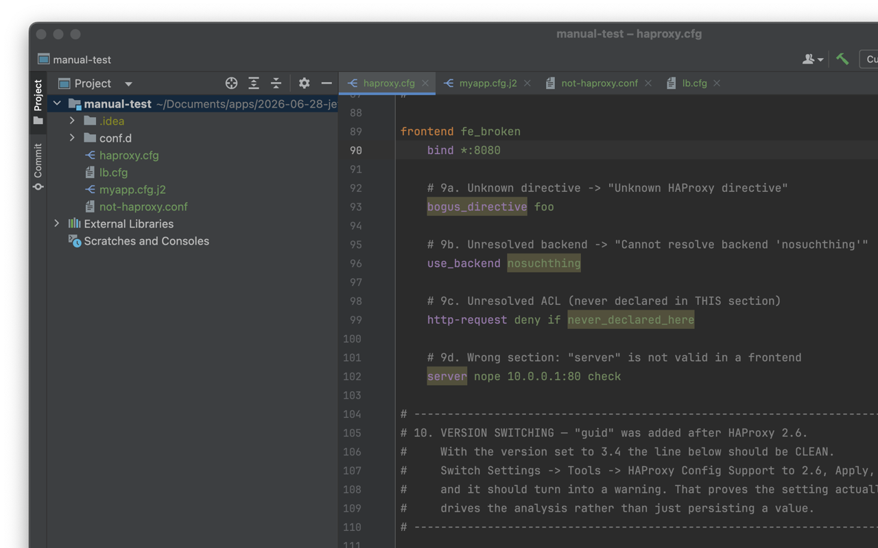 HAProxy configuration open in IntelliJ IDEA with syntax highlighting and inspections