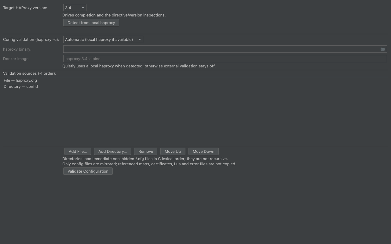 HAProxy Config Support project settings with target version and ordered validation sources