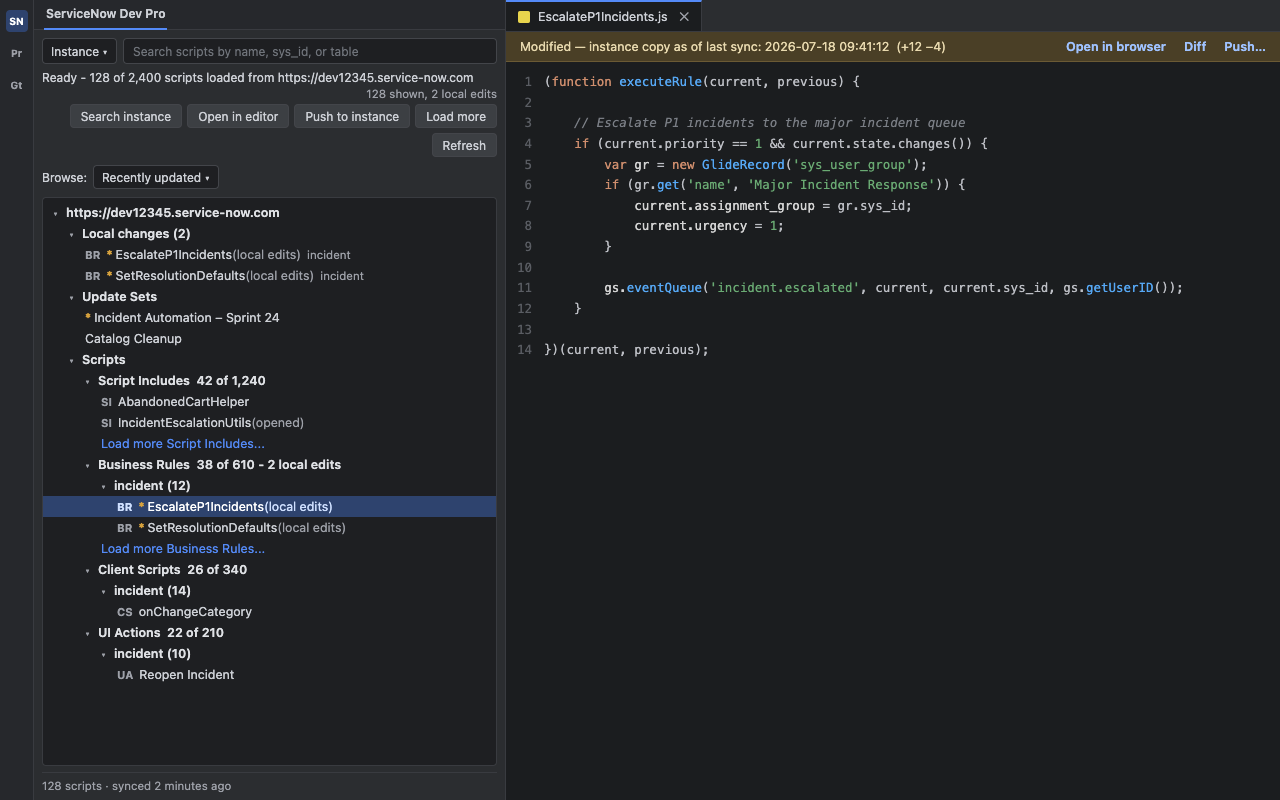 ServiceNow Dev Pro tool window inside IntelliJ IDEA, listing Script Includes and Update Sets