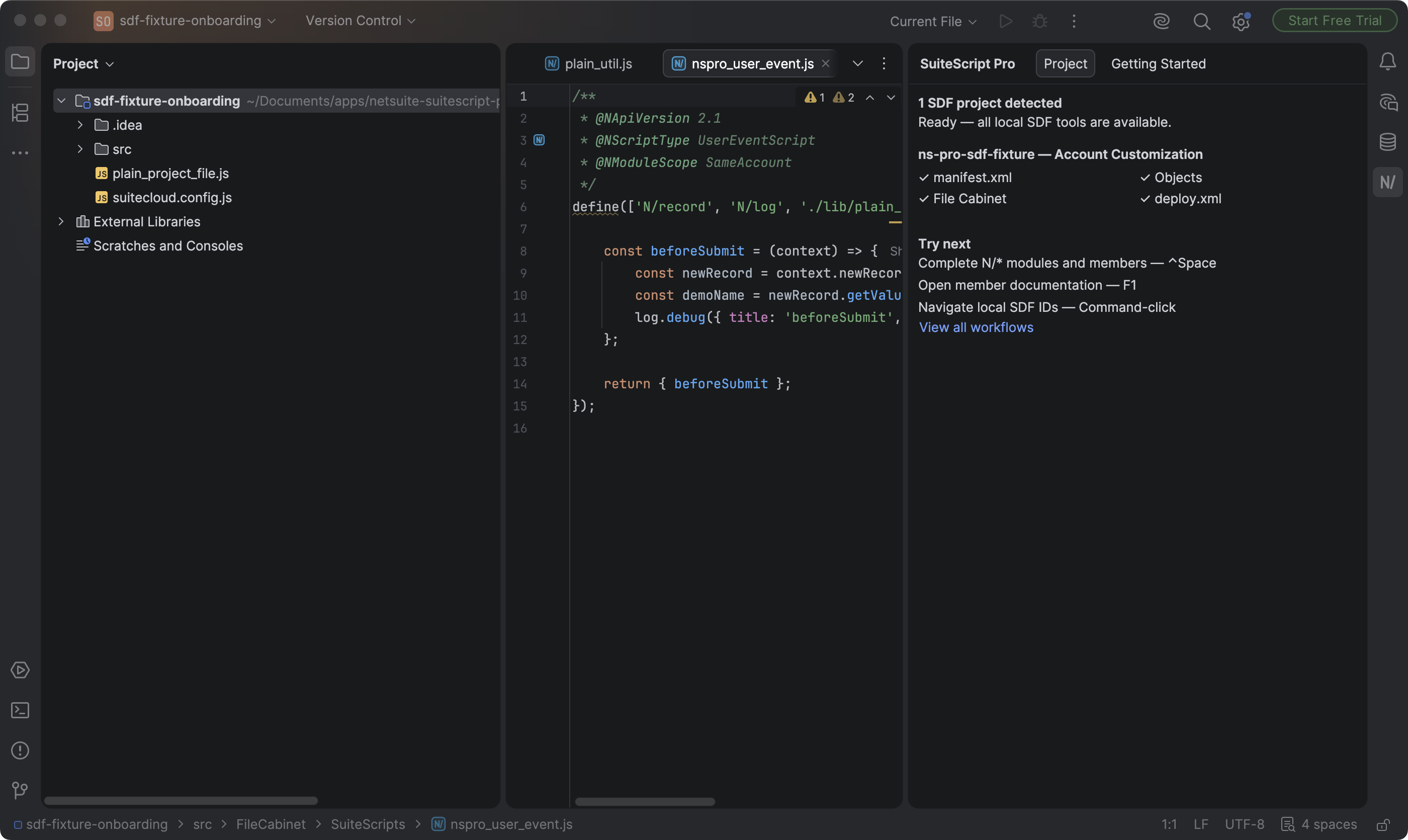 SuiteScript Pro showing a detected SDF project and a SuiteScript user event file in IntelliJ IDEA