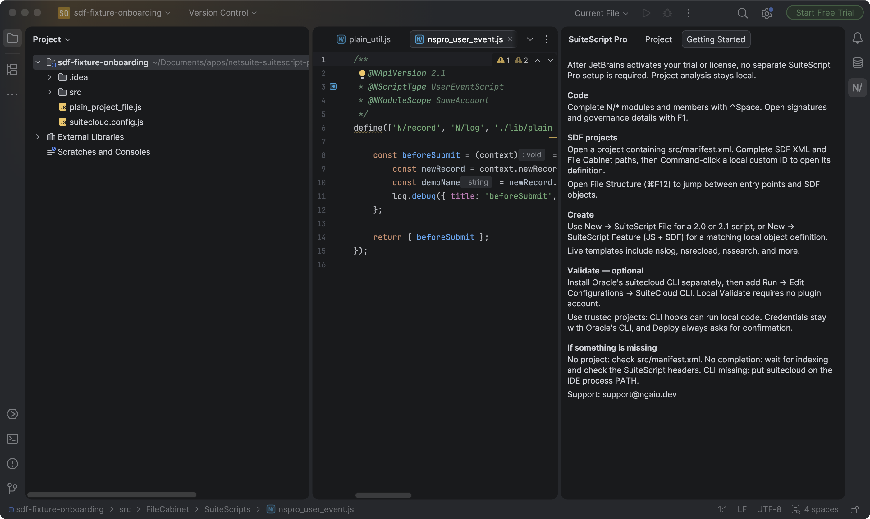 SuiteScript Pro Getting Started guide beside a SuiteScript file