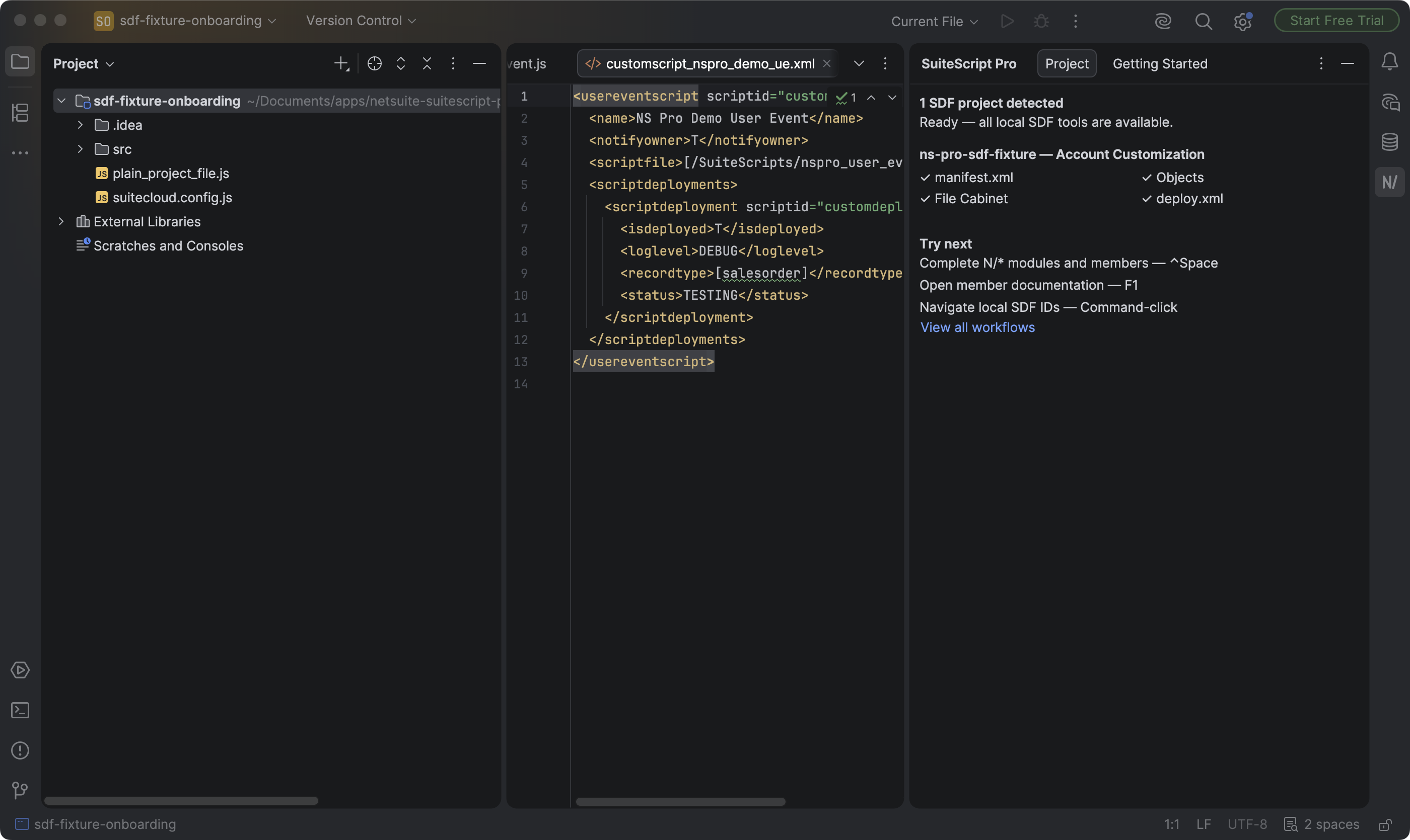 SuiteScript Pro showing an SDF user event script XML definition and the detected project summary